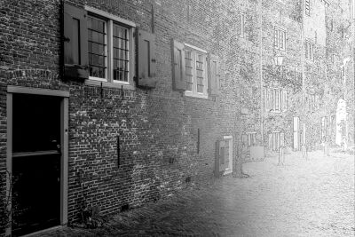 Fotoschets Huizen in middeleeuwse stadsmuur