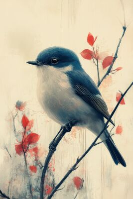 Serene Beauty Bird Among Red Leaves