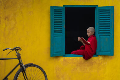 Reading a book in the window frame