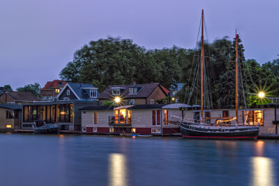 Sail Boat with Houseboats Canal Vreeswijk Nieuwegein Netherlands