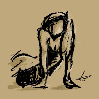 Houtskool tekening - abstract kunstwerk vrouw met mostergele achtergrond